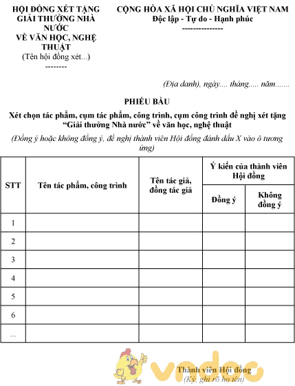 Mẫu phiếu bầu xét chọn các tác phẩm đề nghị xét tặng “Giải thưởng Nhà nước”