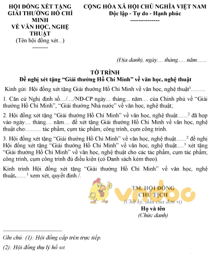 Mẫu tờ trình đề nghị xét tặng “Giải thưởng Hồ Chí Minh” về văn học, nghệ thuật