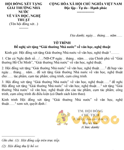 Mẫu tờ trình đề nghị xét tặng “Giải thưởng Nhà nước” về văn học, nghệ thuật