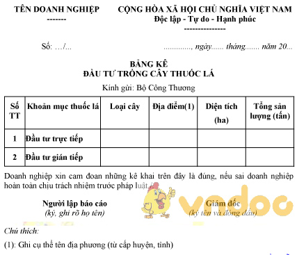 Mẫu bảng kê đầu tư trồng cây thuốc lá