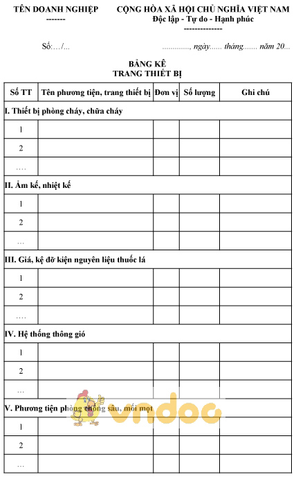 Mẫu bảng kê trang thiết bị