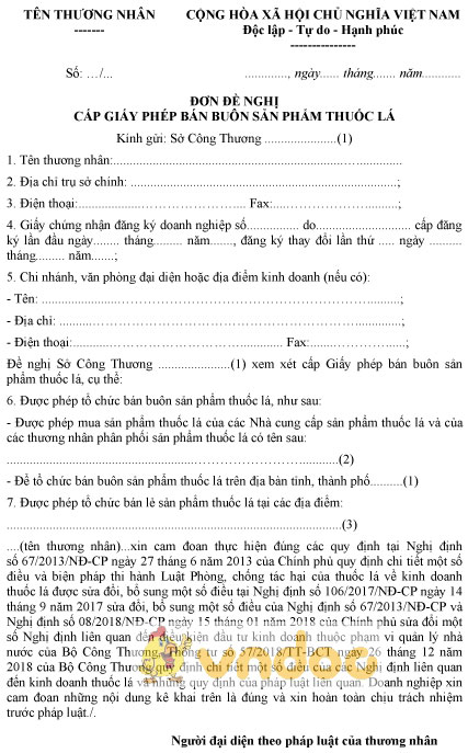 Mẫu đơn đề nghị cấp giấy phép bán buôn sản phẩm thuốc lá