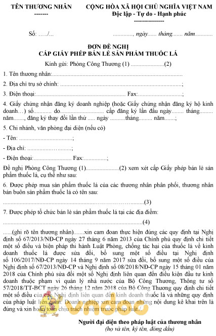 Mẫu đơn đề nghị cấp giấy phép bán lẻ sản phẩm thuốc lá