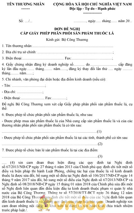 Mẫu đơn đề nghị cấp giấy phép phân phối sản phẩm thuốc lá
