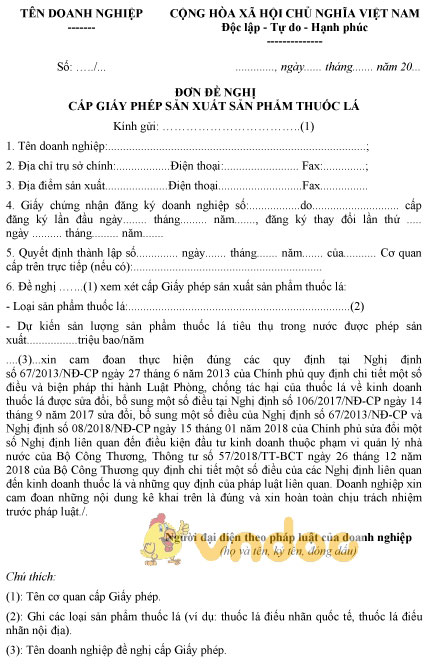 Mẫu đơn đề nghị cấp giấy phép sản xuất sản phẩm thuốc lá