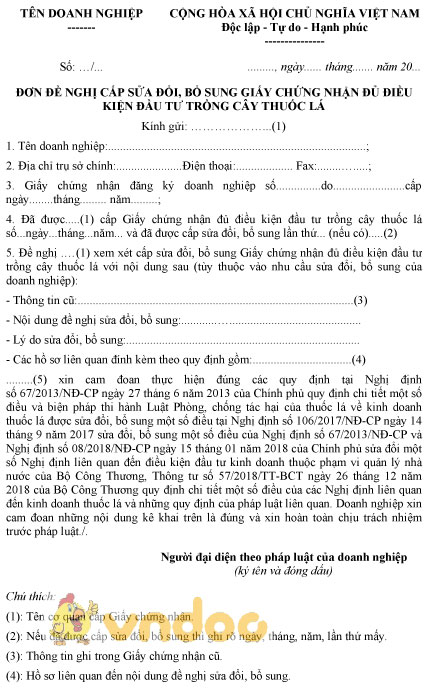 Mẫu đơn đề nghị cấp sửa đổi, bổ sung GCN đủ điều kiện đầu tư trồng cây thuốc lá