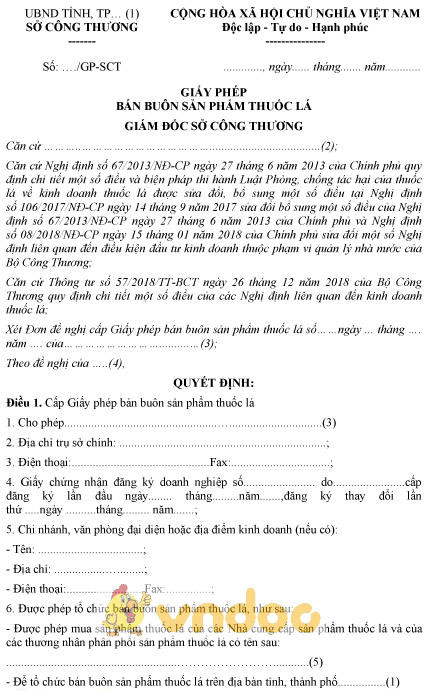 Mẫu giấy phép bán buôn sản phẩm thuốc lá