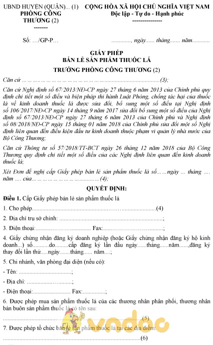 Mẫu giấy phép bán lẻ sản phẩm thuốc lá