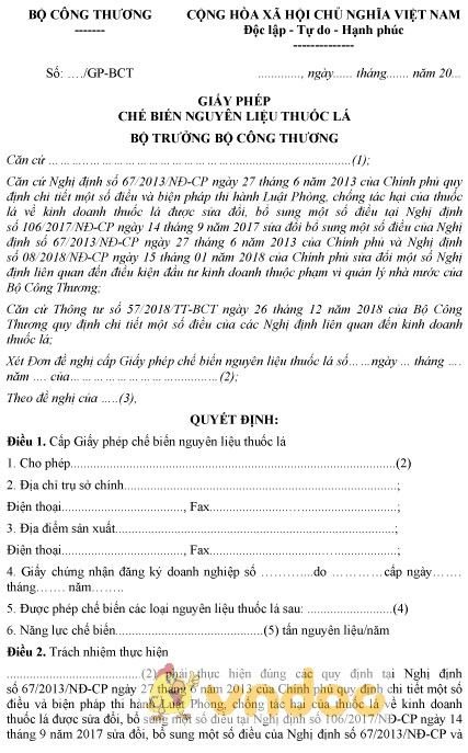 Mẫu giấy phép chế biến nguyên liệu thuốc lá