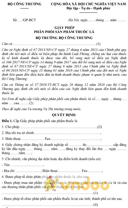 Mẫu giấy phép phân phối sản phẩm thuốc lá