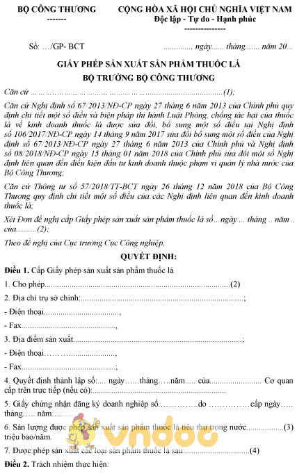 Mẫu giấy phép sản xuất sản phẩm thuốc lá