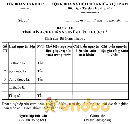 Mẫu báo cáo tình hình chế biến nguyên liệu thuốc lá