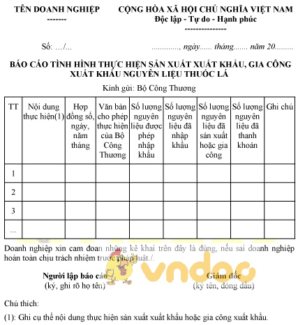 Mẫu báo cáo tình hình thực hiện sản xuất xuất khẩu, gia công xuất khẩu nguyên liệu thuốc lá