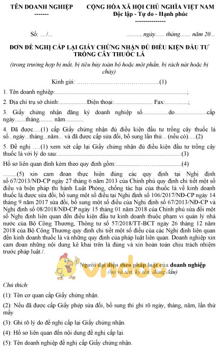 Mẫu đơn đề nghị cấp lại giấy chứng nhận đủ điều kiện đầu tư trồng cây thuốc lá