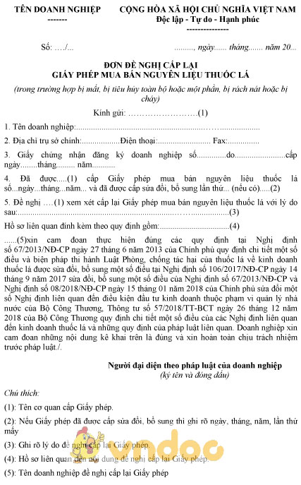 Mẫu đơn đề nghị cấp lại giấy phép mua bán nguyên liệu thuốc lá
