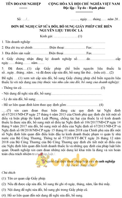 Mẫu đơn đề nghị cấp sửa đổi, bổ sung giấy phép chế biến nguyên liệu thuốc lá