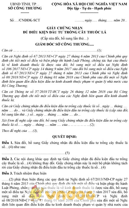 Mẫu giấy chứng nhận đủ điều kiện đầu tư trồng cây thuốc lá
