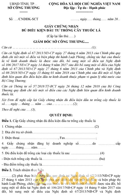 Mẫu giấy chứng nhận đủ điều kiện đầu tư trồng cây thuốc lá cấp lại