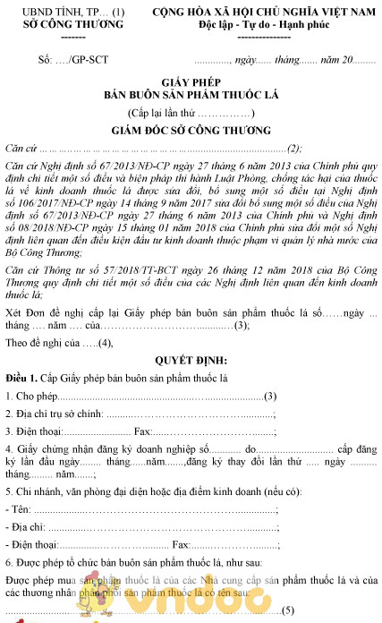 Mẫu giấy phép bán buôn sản phẩm thuốc lá cấp lại