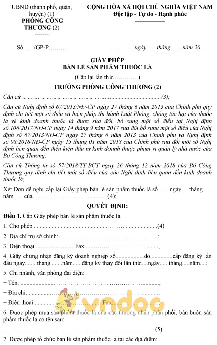 Mẫu giấy phép bán lẻ sản phẩm thuốc lá cấp lại