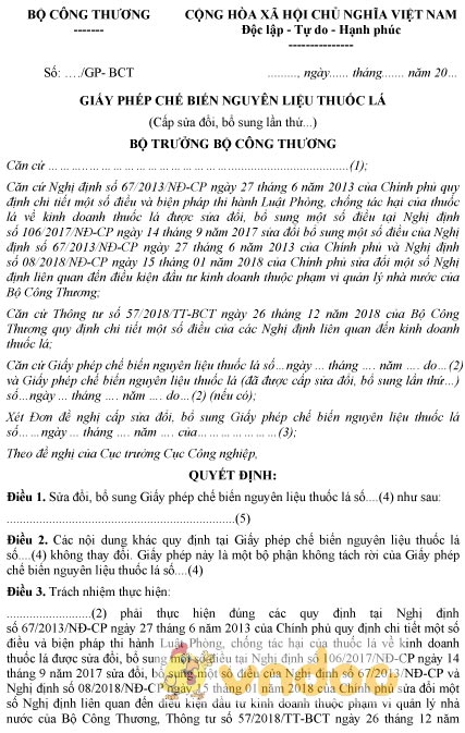 Mẫu giấy phép chế biến nguyên liệu thuốc lá cấp sửa đổi, bổ sung