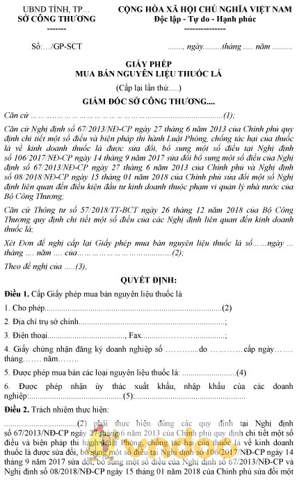 Mẫu giấy phép mua bán nguyên liệu thuốc lá