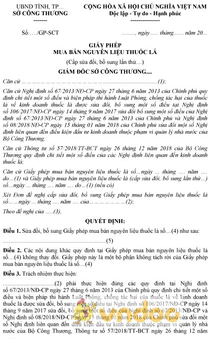 Mẫu giấy phép mua bán nguyên liệu thuốc lá cấp sửa đổi bổ sung