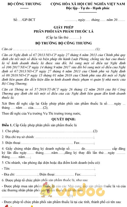 Mẫu giấy phép phân phối sản phẩm thuốc lá cấp lại