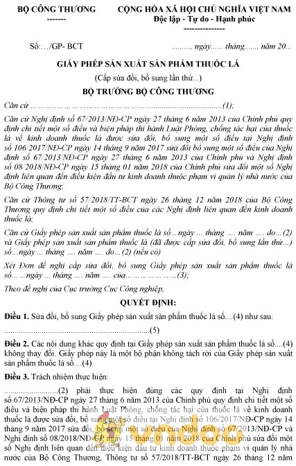 Mẫu giấy phép sản xuất sản phẩm thuốc lá cấp sửa đổi, bổ sung