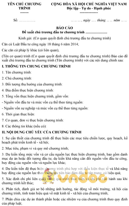 Mẫu báo cáo đề xuất chủ trương đầu tư chương trình đầu tư công