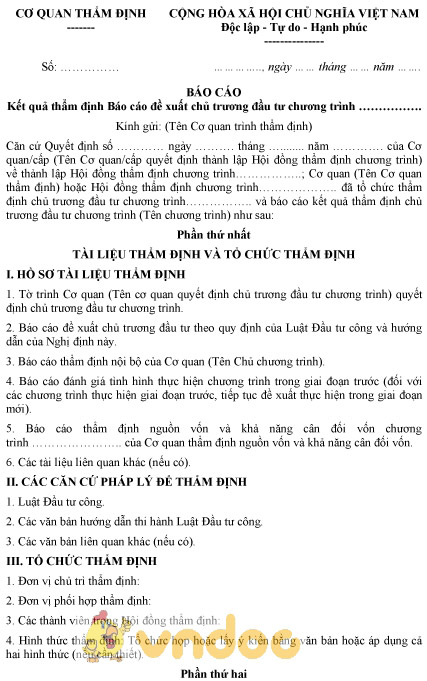 Mẫu báo cáo kết quả thẩm định báo cáo đề xuất chủ trương đầu tư chương trình