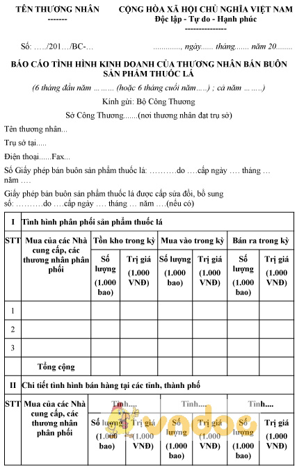 Mẫu báo cáo tình hình kinh doanh của thương nhân bán buôn sản phẩm thuốc lá