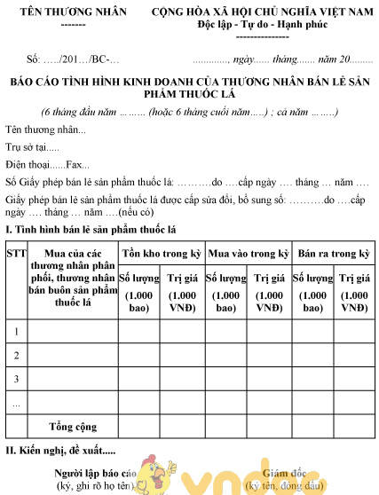 Mẫu báo cáo tình hình kinh doanh của thương nhân bán lẻ sản phẩm thuốc lá