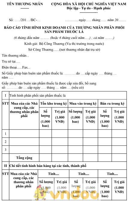 Mẫu báo cáo tình hình kinh doanh của thương nhân phân phối sản phẩm thuốc lá