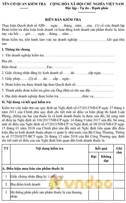 Mẫu biên bản kiểm tra điều kiện kinh doanh và hoạt động kinh doanh sản phẩm thuốc lá