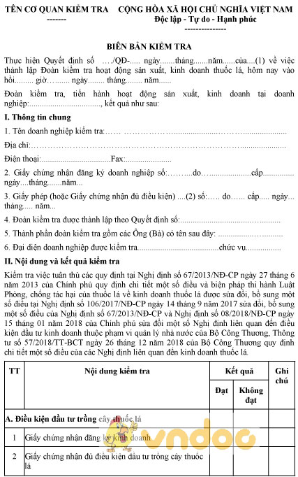 Mẫu biên bản kiểm tra hoạt động sản xuất, kinh doanh thuốc lá