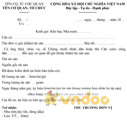 Mẫu công văn đề nghị nhận hoặc gửi tài sản bảo quản