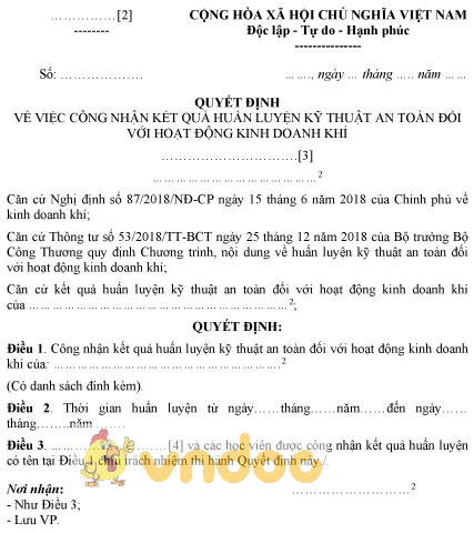 Mẫu quyết định công nhận kết quả huấn luyện kỹ thuật an toàn đối với hoạt động kinh doanh khí