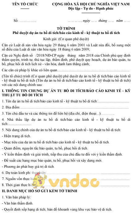 Mẫu tờ trình phê duyệt dự án tu bổ di tích, báo cáo kinh tế kỹ thuật tu bổ di tích