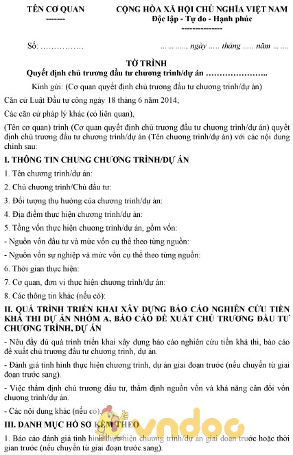 Mẫu Tờ Trình Quyết định Chủ Trương đầu Tư Chương Trình Dự án đầu Tư Công 6161