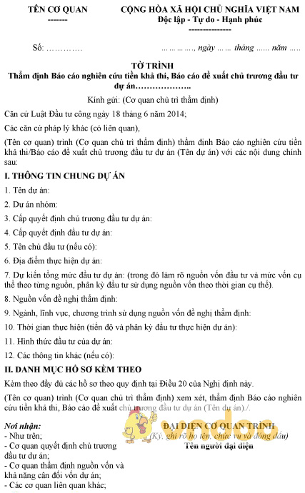 Mẫu tờ trình thẩm định báo cáo nghiên cứu tiền khả thi, đề xuất chủ trương đầu tư dự án