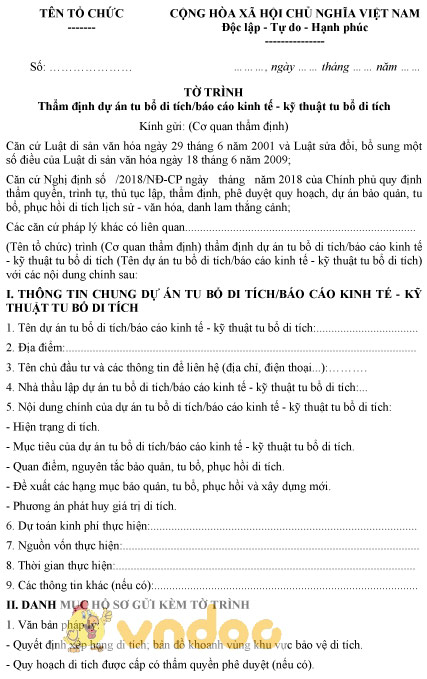 Mẫu tờ trình thẩm định dự án tu bổ di tích, báo cáo kinh tế - kỹ thuật tu bổ di tích