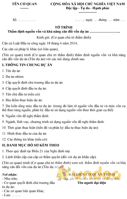 Mẫu tờ trình thẩm định nguồn vốn và khả năng cân đối vốn dự án