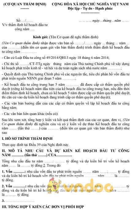 Mẫu văn bản thẩm định kế hoạch đầu tư công hàng năm