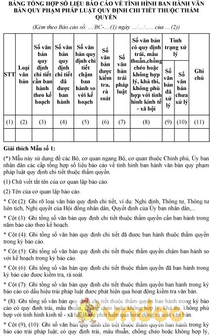 Mẫu bảng tổng hợp số liệu báo cáo về tình hình ban hành văn bản quy phạm pháp luật
