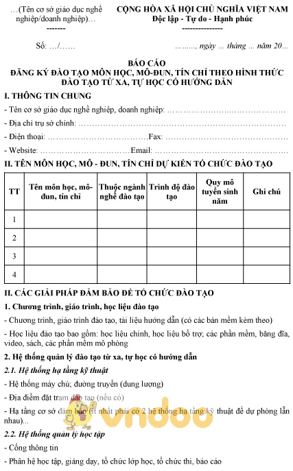 Mẫu báo cáo đăng ký đào tạo môn học, tín chỉ theo hình thức đào tạo từ xa
