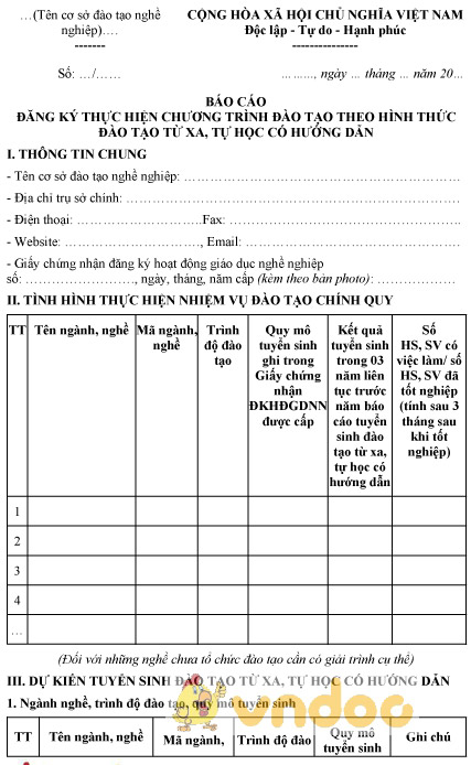 Mẫu báo cáo đăng ký thực hiện chương trình đào tạo theo hình thức đào tạo từ xa