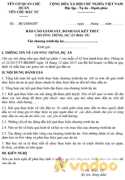 Mẫu báo cáo giám sát, đánh giá kết thúc chương trình, dự án đầu tư