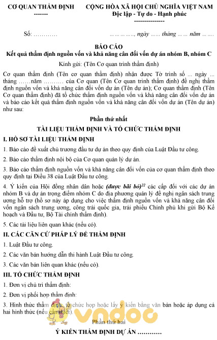 Mẫu báo cáo kết quả thẩm định nguồn vốn và khả năng cân đối vốn dự án