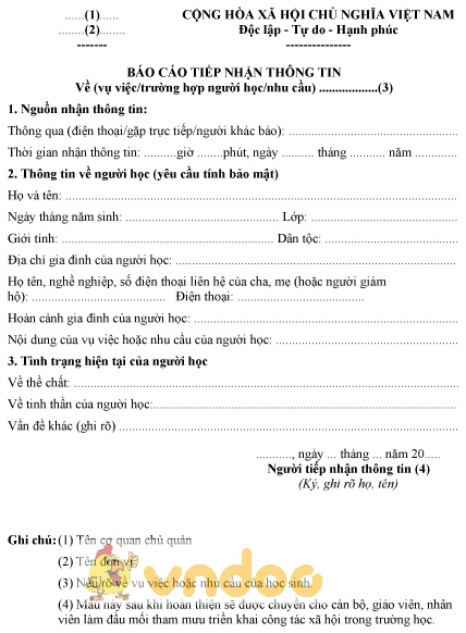 Mẫu báo cáo tiếp nhận thông tin